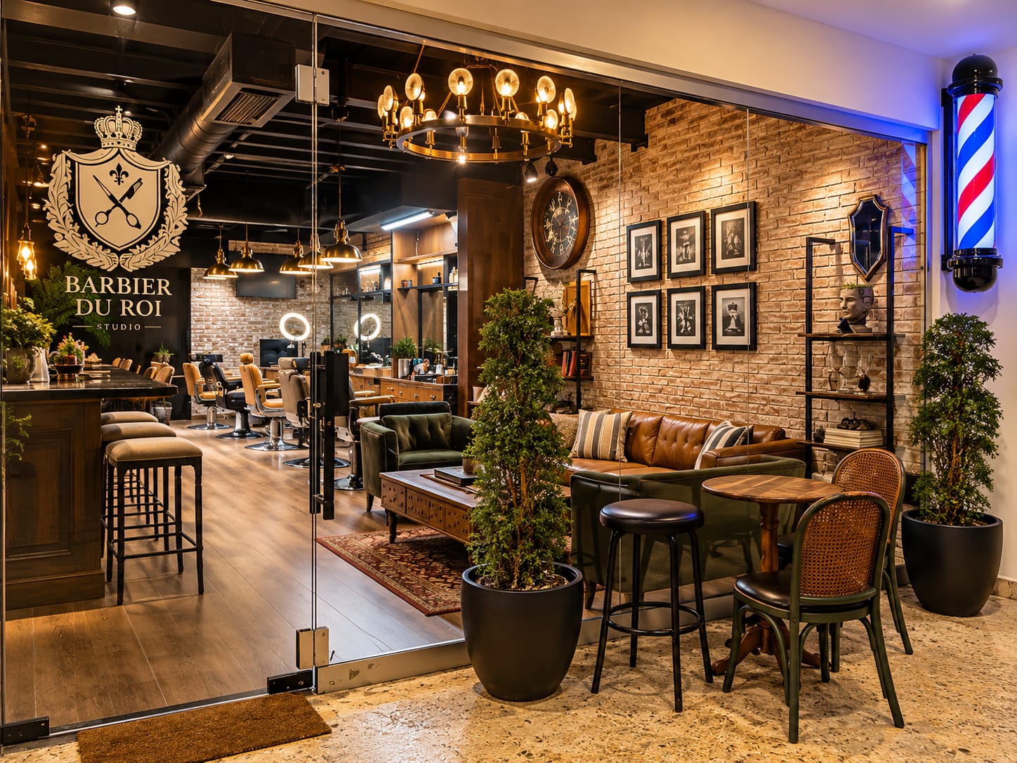 Entrada de BARBIER DU ROI Studio & Club con su poste de barbero